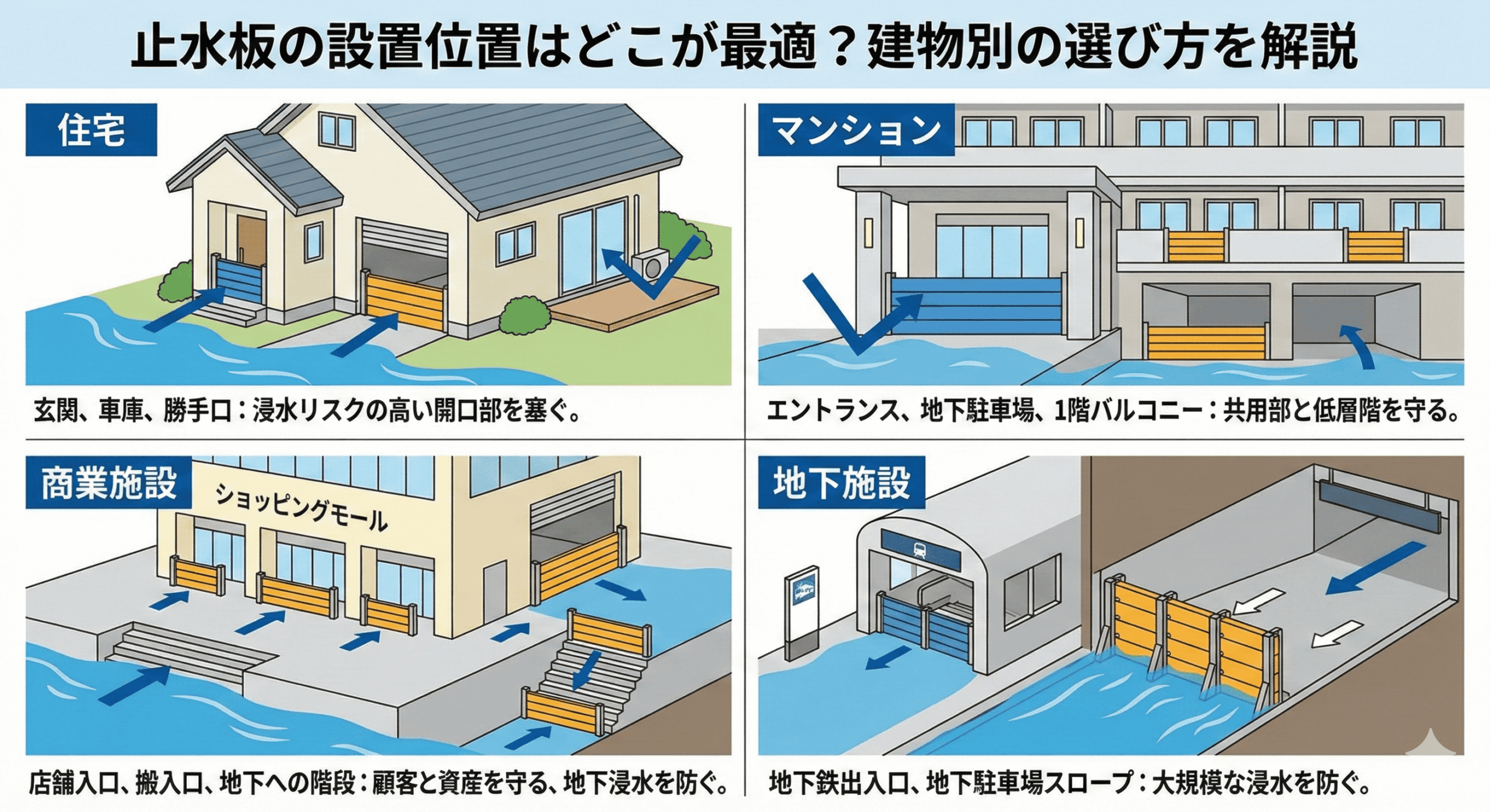 止水板の設置位置はどこが最適？建物別の選び方を解説
